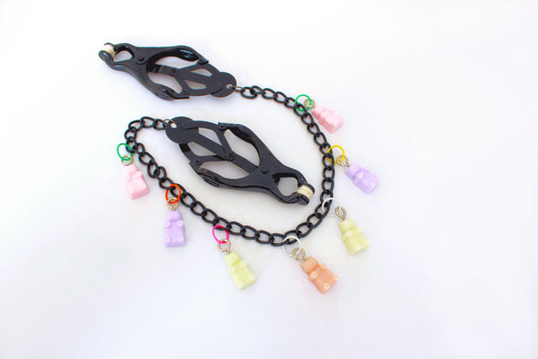 Black clover clamps with chain and multicolored pastel gummy bear charms
