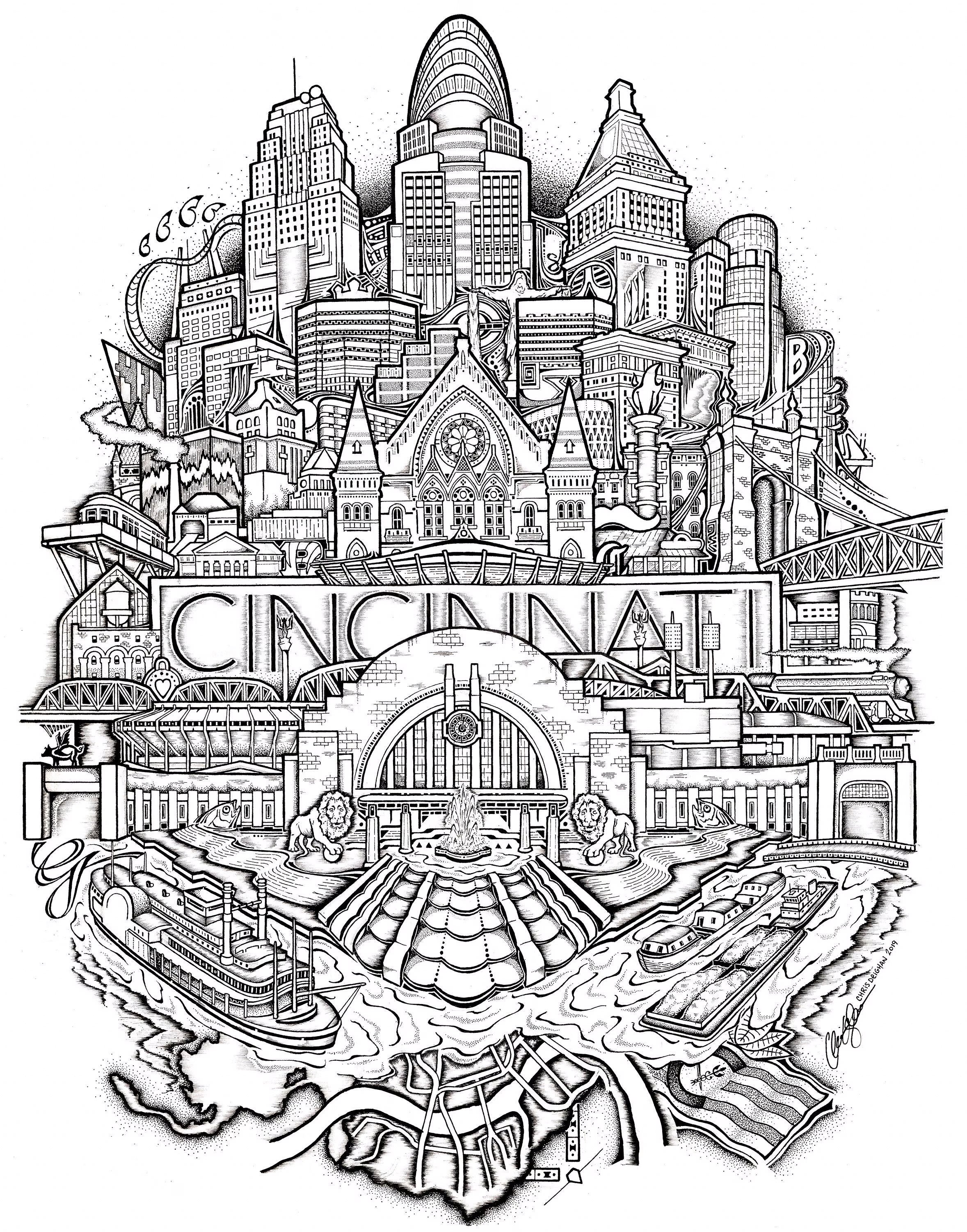 Cincinnati Skyline Drawing- Wall Art | Home Decor | Art Print | Gallery Wall Art | Portrait | Poster | Architecture | Ohio