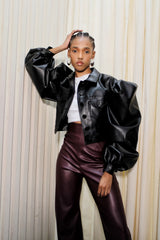 Kaphill Cropped Puff Sleeve Faux Leather Jacket