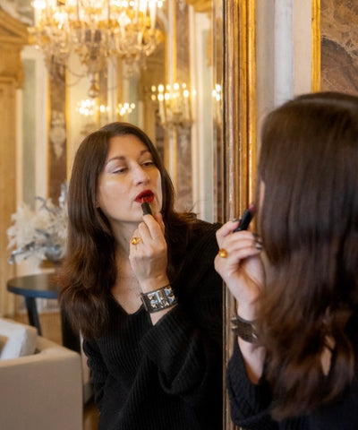 Madame Gabriela Beauty founder Gabriela Navejas with Paris at 7PM red lipstick