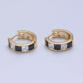 Gold Plated White & Black Huggie Hoops (16mm)