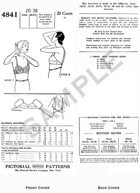 PRINTED PATTERN- 1900s 1910s Edwardian Brassiere Bra- Size 38 Bust Pattern