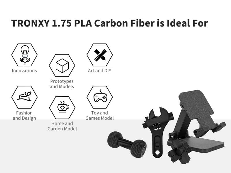 Tronxy Carbon Fiber Filament PLA 1.75mm Reinforced 3D Printer PLA Filament Black PLA 3D Filament PLA-CF 1.75 Filament 1 KG Spool 2.2 LBS for 3D Printers