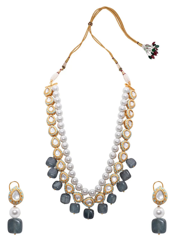 Blue Grey Gold Tone Pearl Necklace Set - Amrrutam