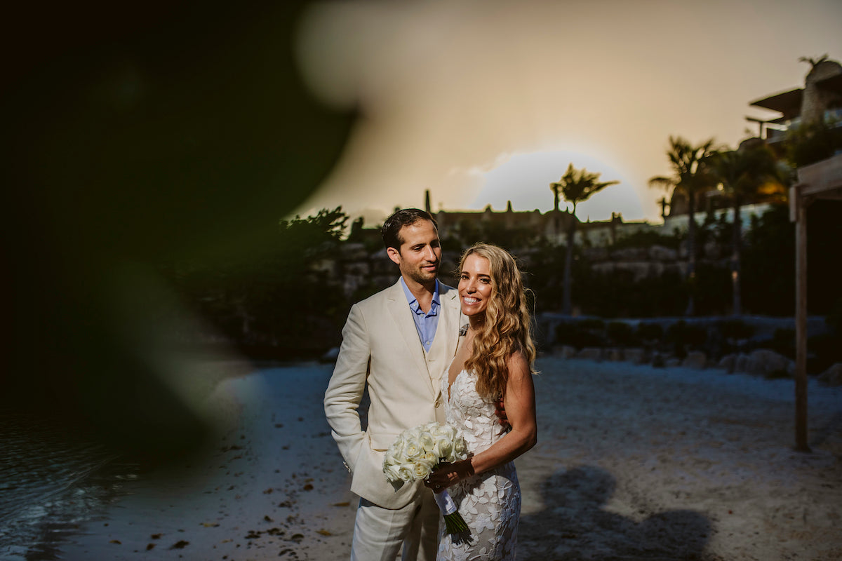 Bride and groom during sunset at Xcaret hotel