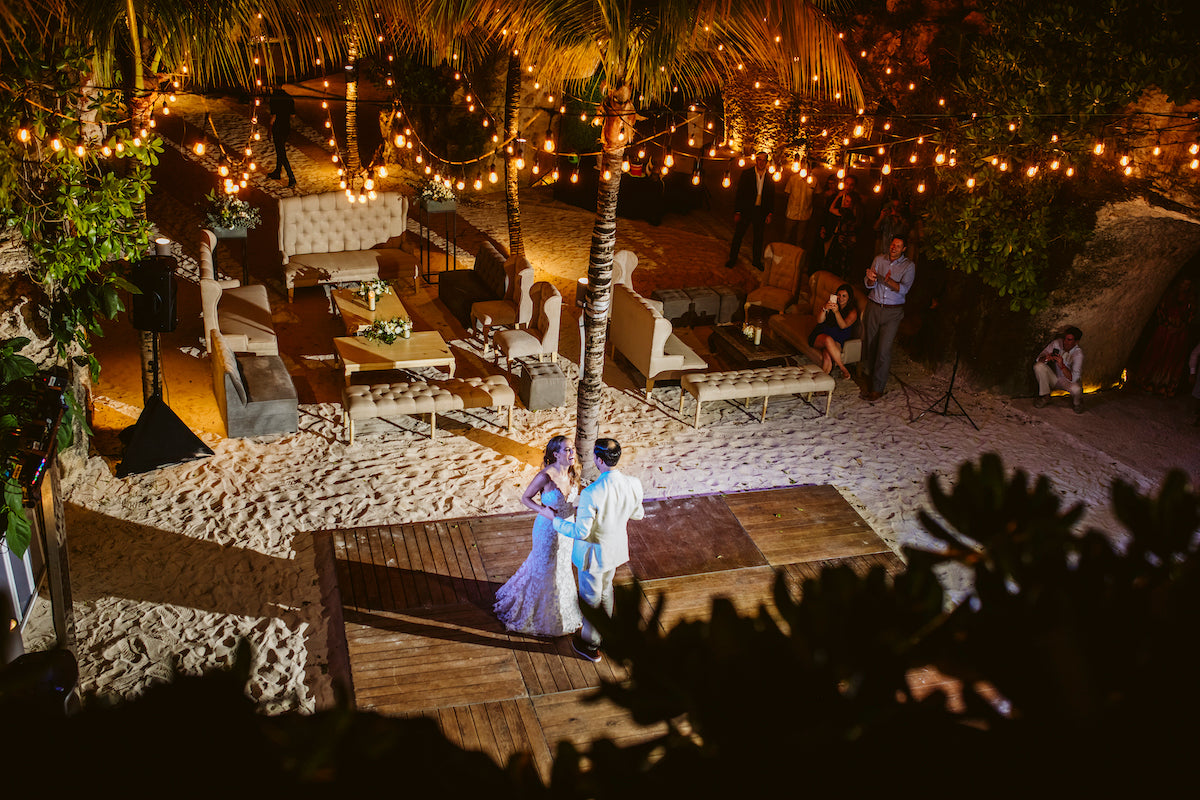 Bride and groom dancing in a drone photo