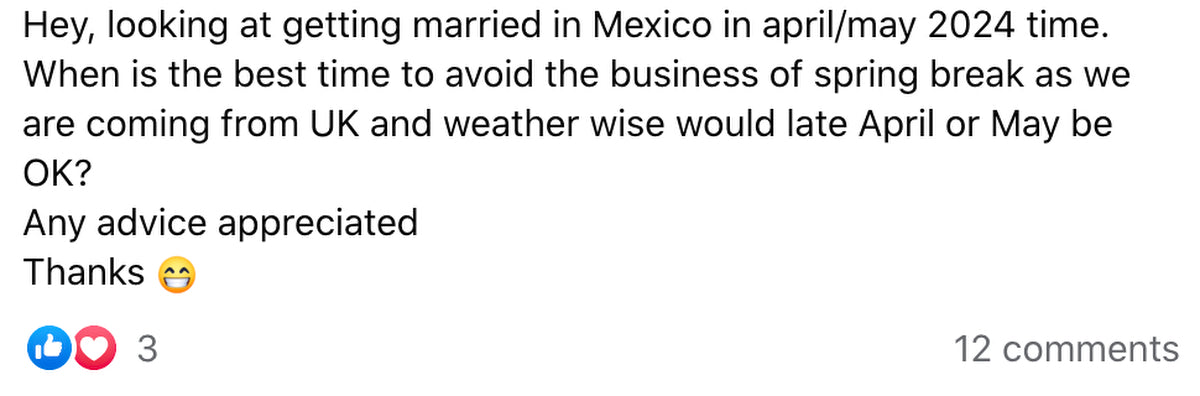 Facebook comment looking at getting married in Mexico