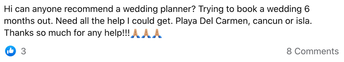 Facebook comment looking for a wedding planner