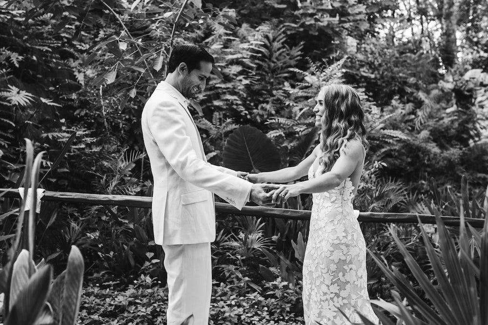 Bride and groom first look at Xcaret Hotel