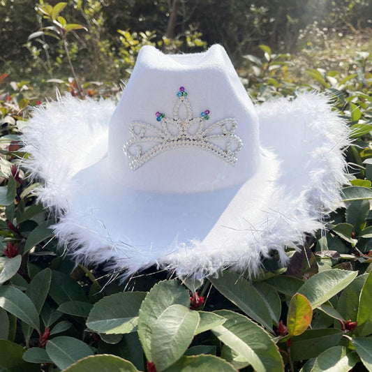 Western Tiara White Cowgirl Hat with Feathers