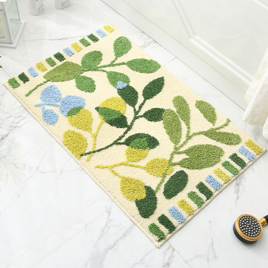 Feblilac Grey and Green Leaves Rows of Trees Bath Mat, Floral Bathroom Rugs  Mat, Forest Non Slip Leaf Tufted Yarn Bath Mat, Ultra Soft Floor Bath Rug,  Cute Small Door Mat for