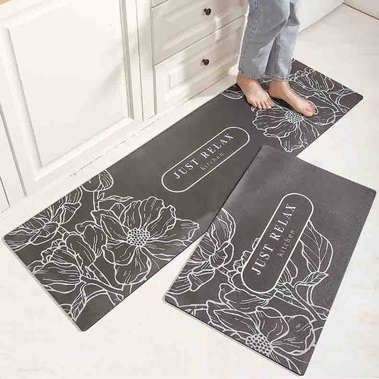 Feblilac Grey and Golden Line Art PVC Leather Kitchen Mat