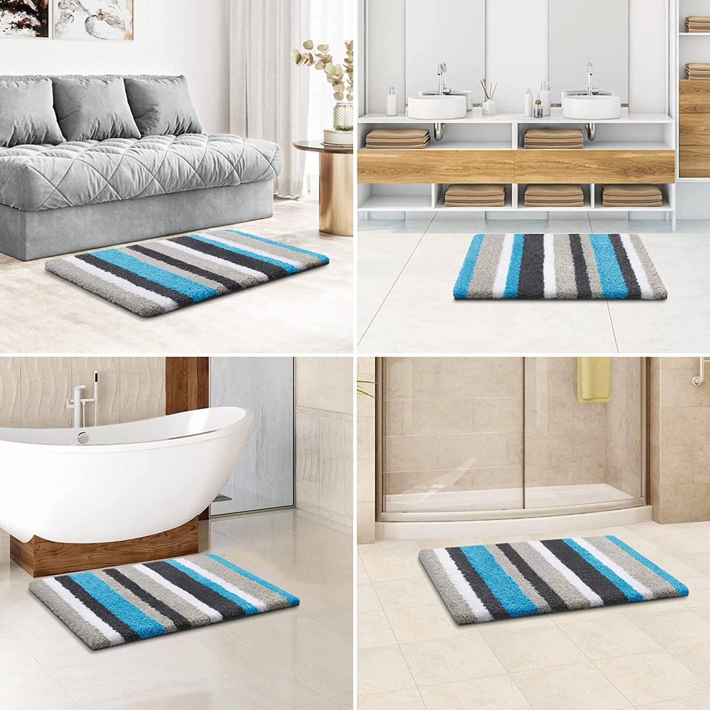 Feblilac Blue-Grey Stripe Bath Mat Rug