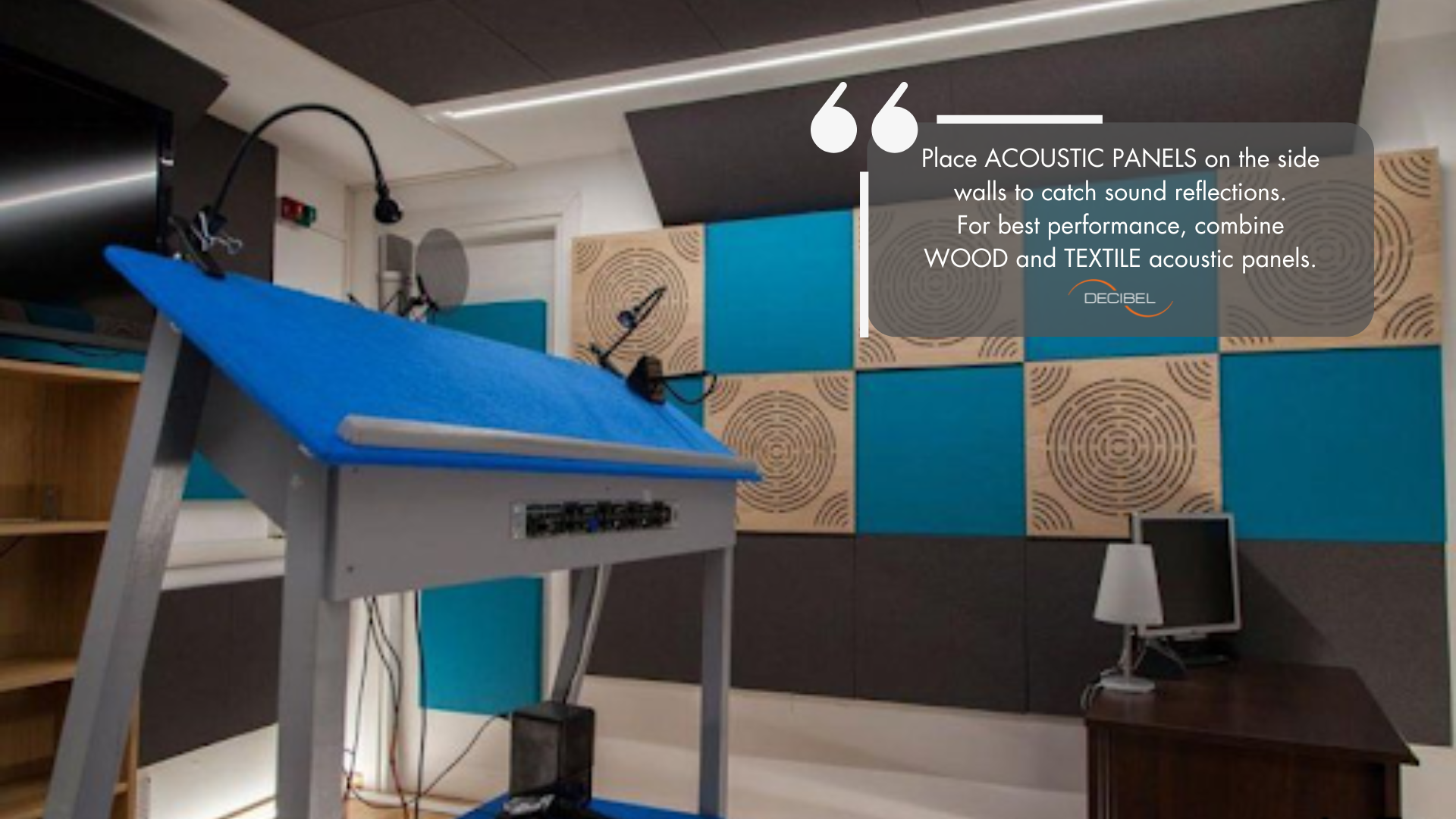 Combination of textile and wood acoustic panels in studio