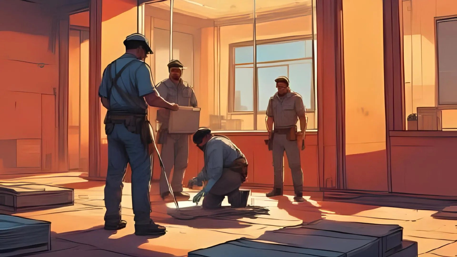 Illustration of workers installing flooring in a room with large windows.