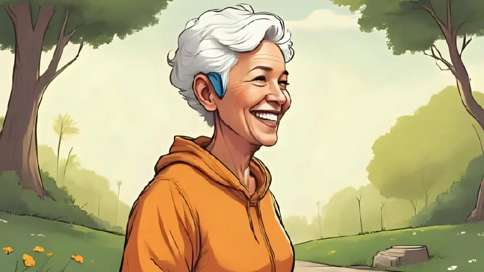 lady outside in a park with a hearing aid