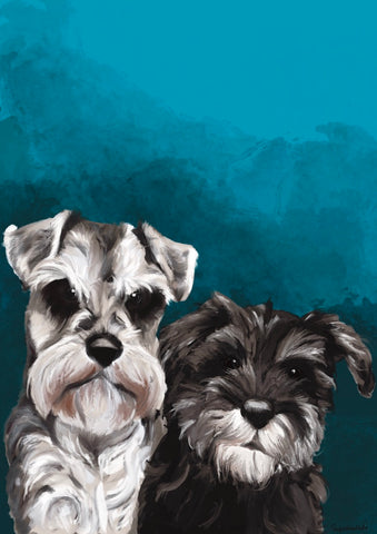 Two dogs on a bright blue background