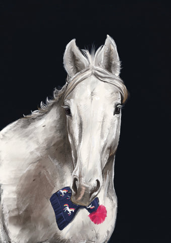 Painting of a horse holding a hat