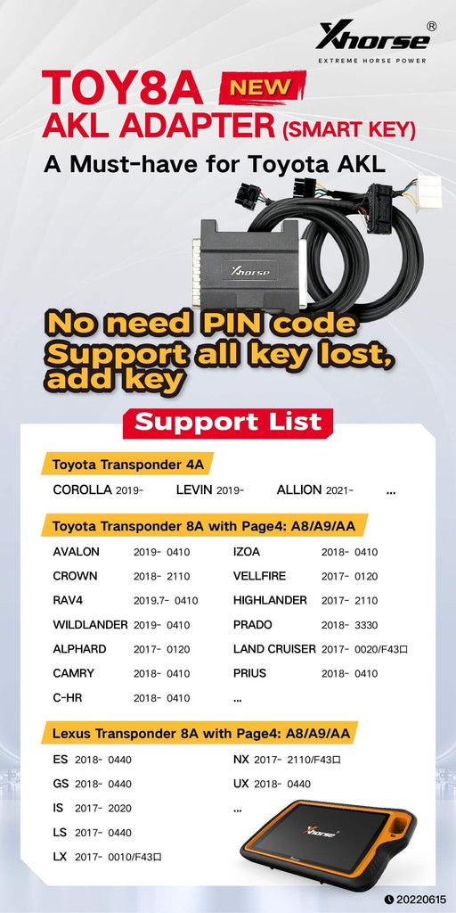 Xhorse Toyota 8A smart key AKL Adapter Supported Models By ABKEYS