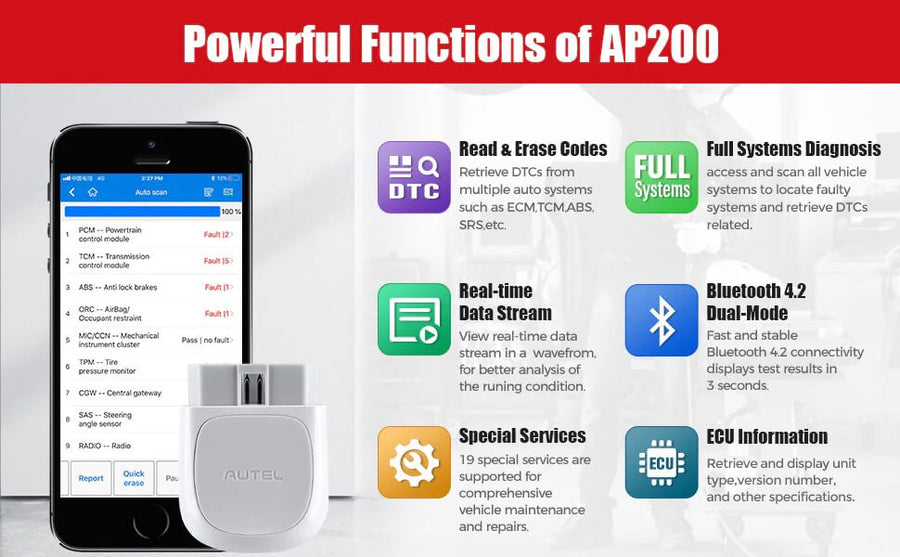 Autel MaxiAP AP200 Bluetooth OBD2 Code Reader Features By ABKEYS