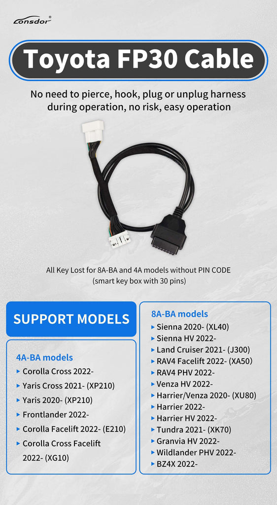 Lonsdor Toyota FP30 Cable for 8A - 4A Smart Key Programming Supported Cars By ABKEYS
