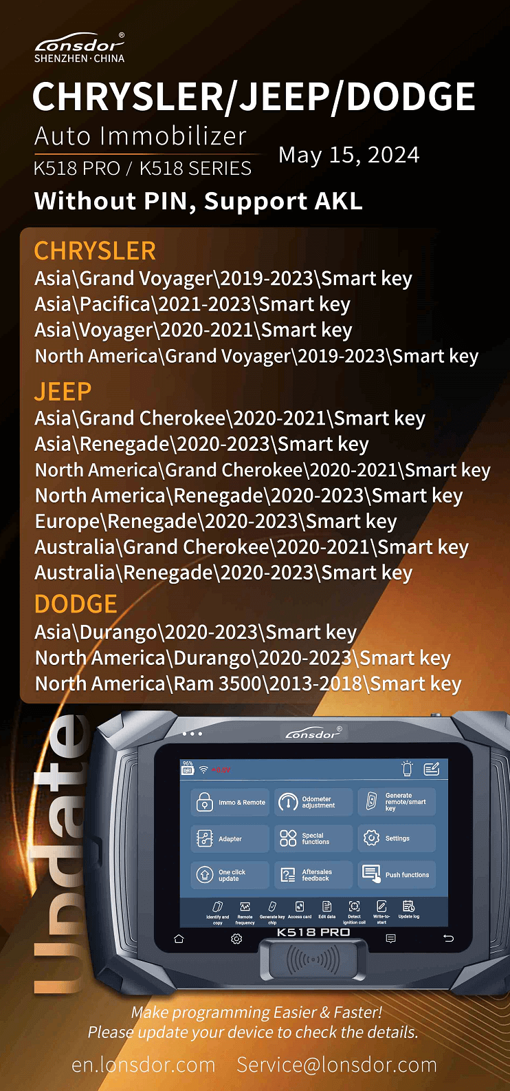 Mise à jour Lonsdor K518 Pro 15 mai 2024 Mise à jour de la programmation des clés Jeep par ABKEYS
