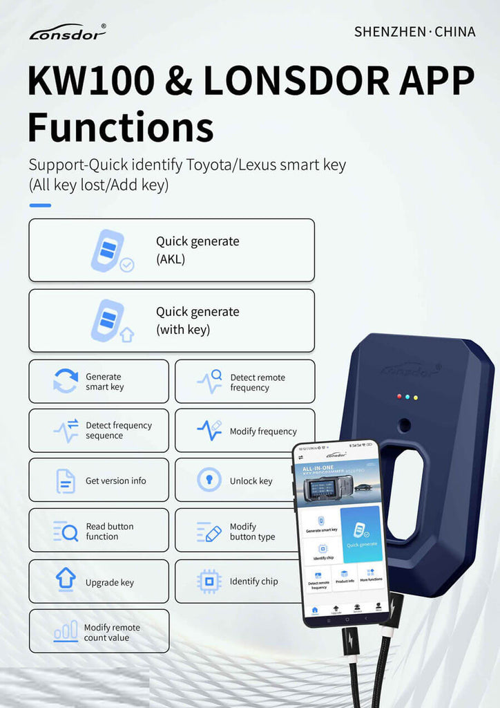 Lonsdor KW100 Smart Key Generator Tool Functions By ABKEYS