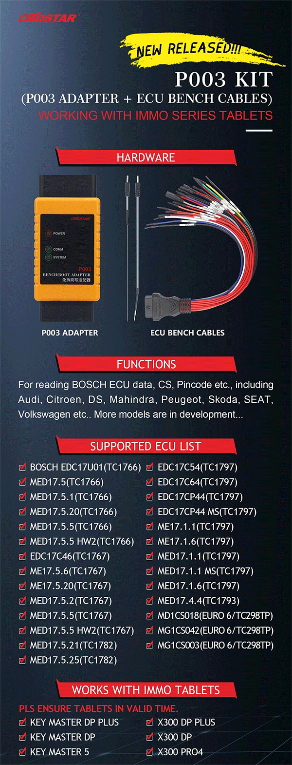 Caractéristiques du kit d'adaptateur de lecture ECU OBDSTAR P003 par ABKEYS