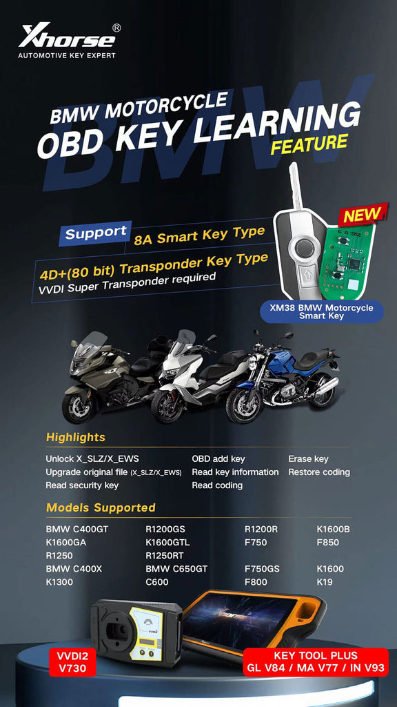 Funciones de la llave inteligente para motocicleta Xhorse VVDI BMW XSBMM0GL de ABKEYS