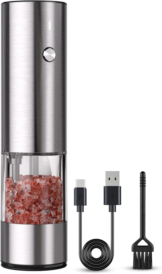 Electric Salt and Pepper Grinder Set,USB Rechargeable Salt and Pepper Mill  with 5 Adjustable Coarseness Refillable, Stainless Steel One Hand Automatic