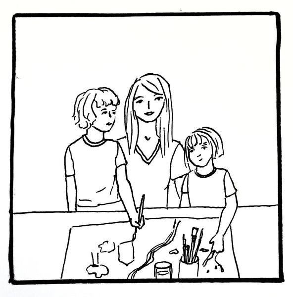 Maman et deux enfants peignant à une table. Illustration dessinée à la main en noir et blanc. Jourdie dessine.