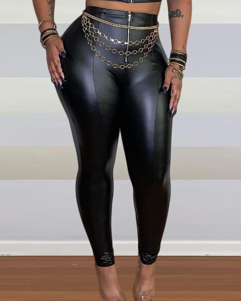 PU Leather Zip Front Top & Skinny Pants Set