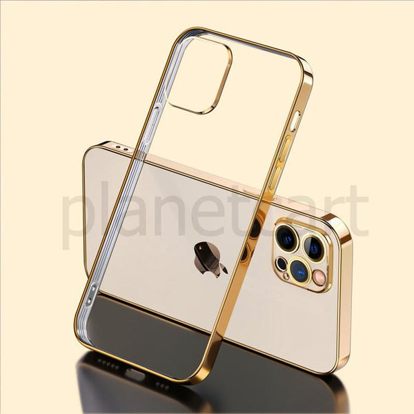 Premium Glossy Look Square Silicon Clear Golden Case For Iphone 13 Pro Planetcart