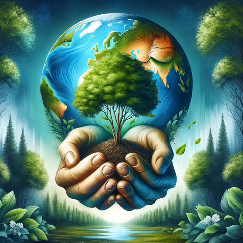 Hands gently cradling a young tree growing from soil, with a vibrant depiction of Earth in the background, surrounded by lush green trees, symbolizing environmental care and sustainability