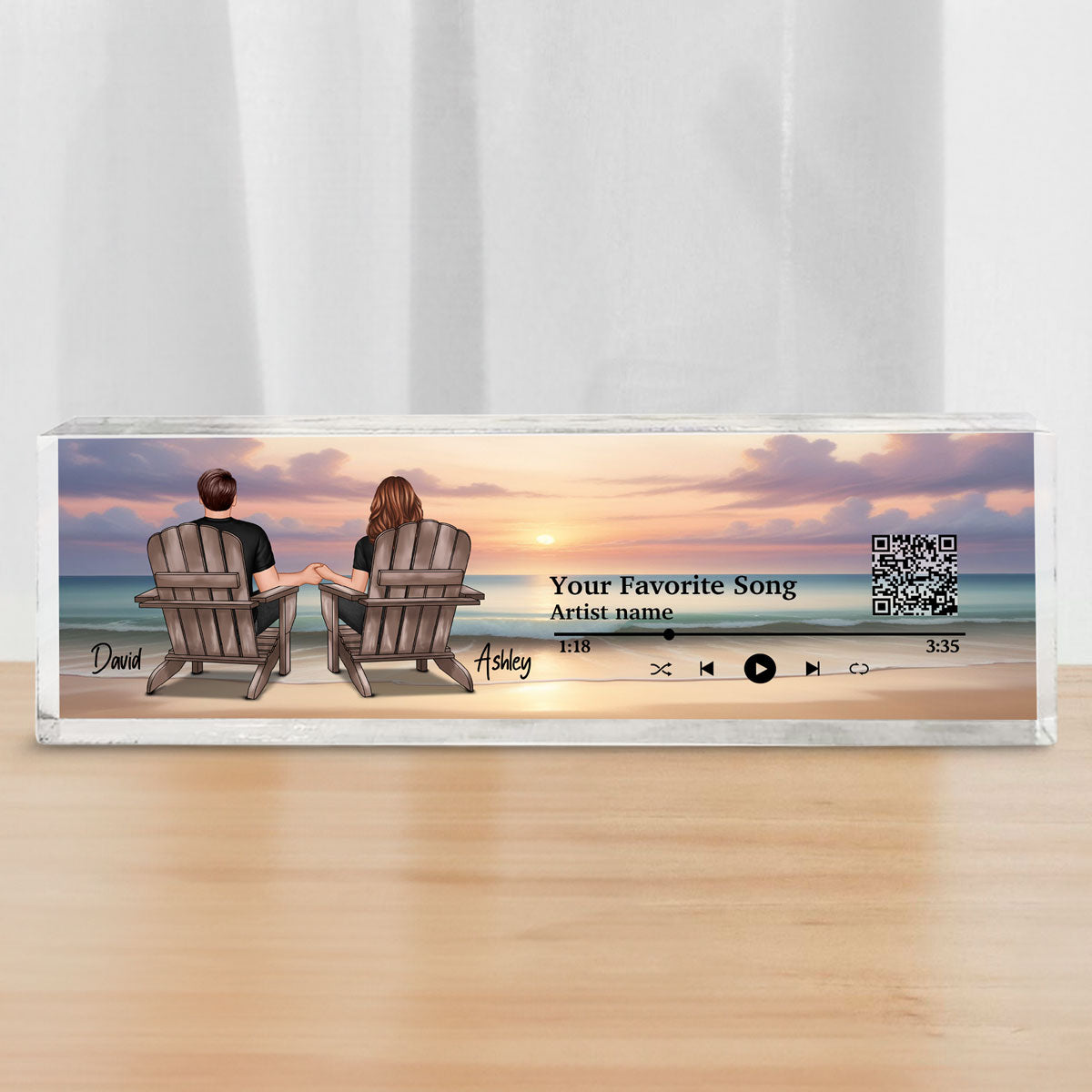 Couple Back View At Beach Favorite Song QR Code Personalized Acrylic Desk Block Plaque