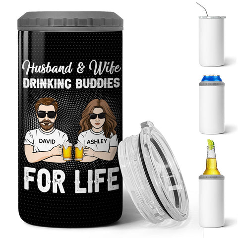 Drinking Buddies Husband Wife - Couple Personalized Custom 4 In 1 Can  Cooler Tumbler - Gift For Husband Wife, Anniversary