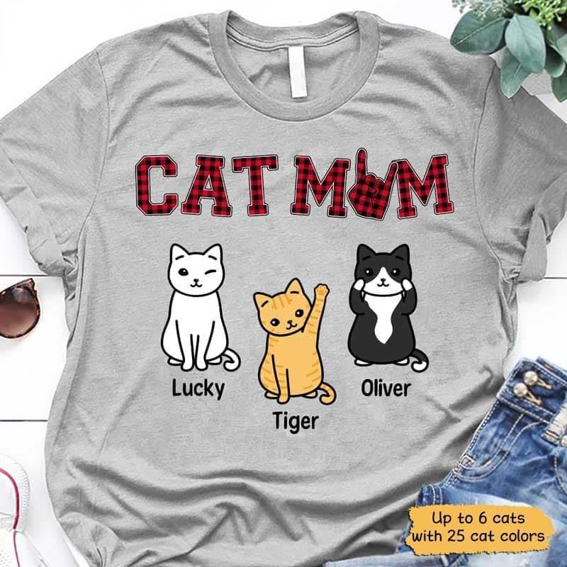 Cat Mom Red Plaid Sitting Cat Personalized Shirt - TrendingCustom™️