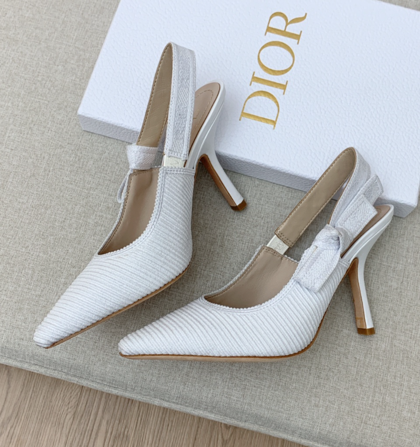 Dior white new jacquard embroidered letter logo high-heeled bow color-blocking women's shoes web