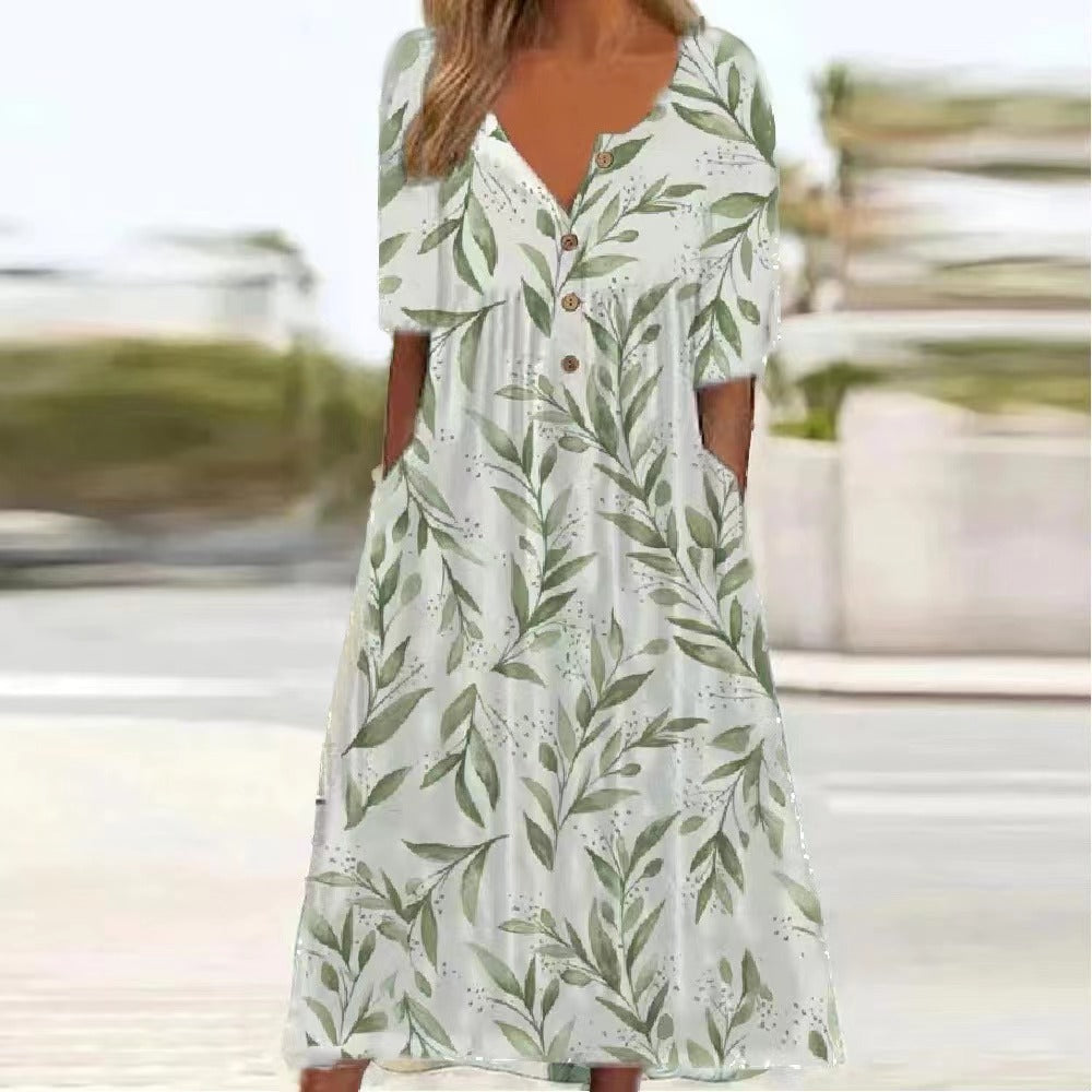 Green Paradise Short Sleeve Pleated Side Pocket Midi Dress – goodies-us