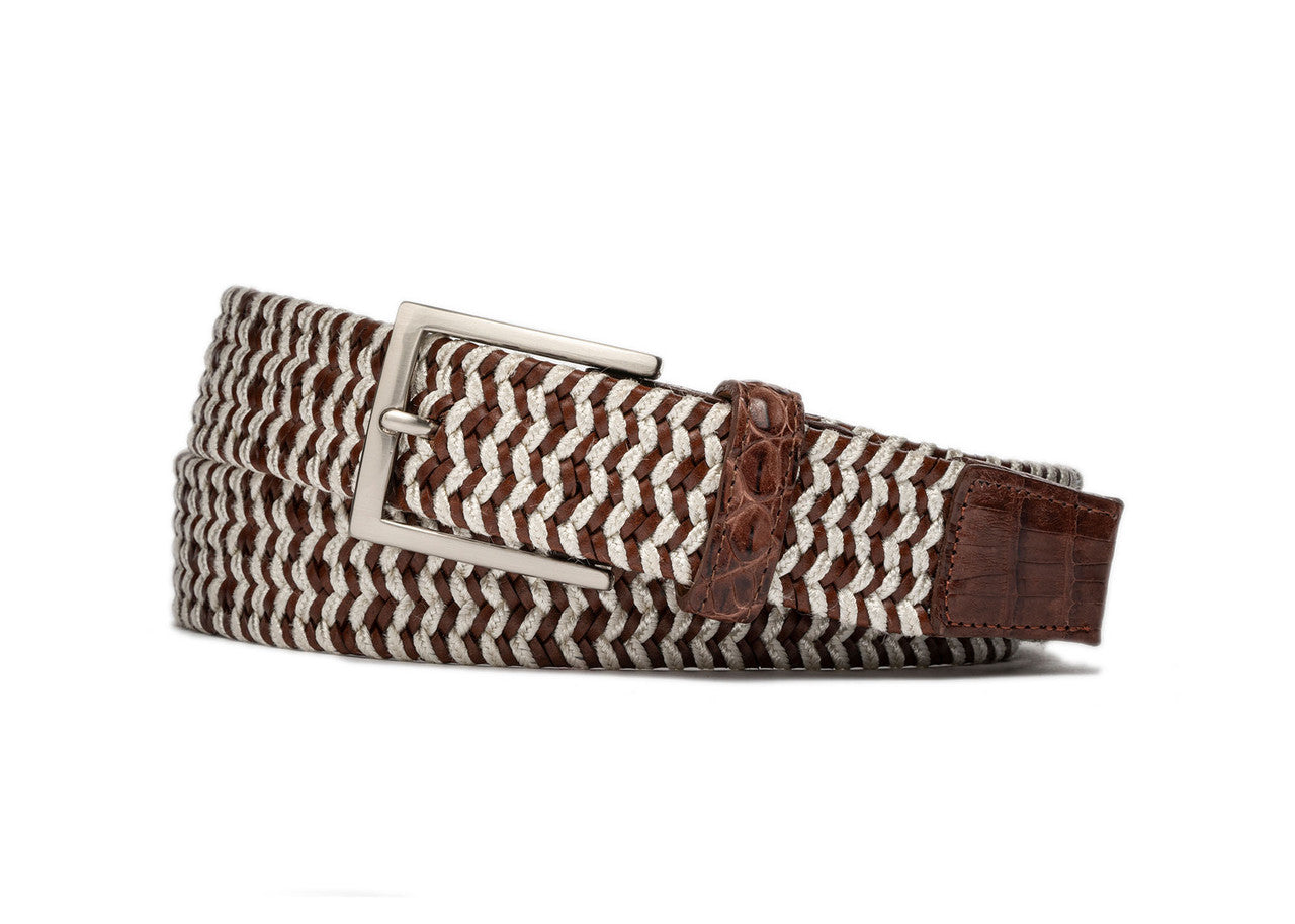 Cigar Leather Stretch Belt with Croc Tabs and Gunmetal Buckle