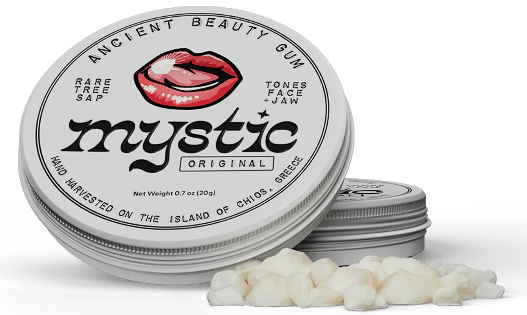 A tin of Mystic Original gum with several pieces spilled out in front.