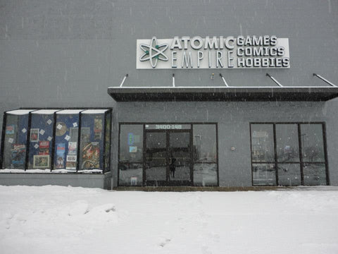 A photo of the Atomic Empire storefront in a snow storm