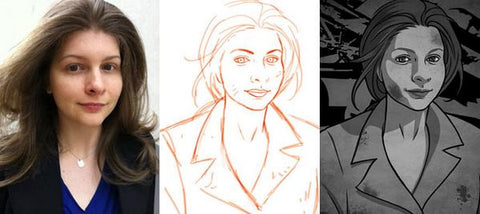 A progress photo of a portrait from Night Witches, starting with a photo of a woman, then a sketch, then the finished art