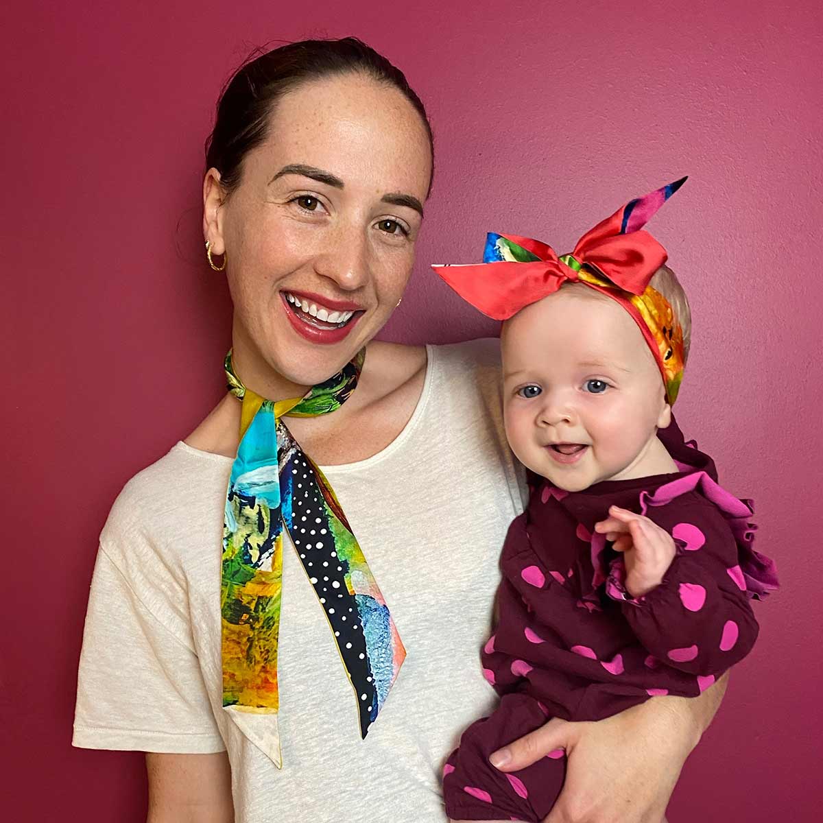 Tracy Verdugo's daughter Santana and granddaughter Nora Luz wearing Ruby Olive Twilly Scarves