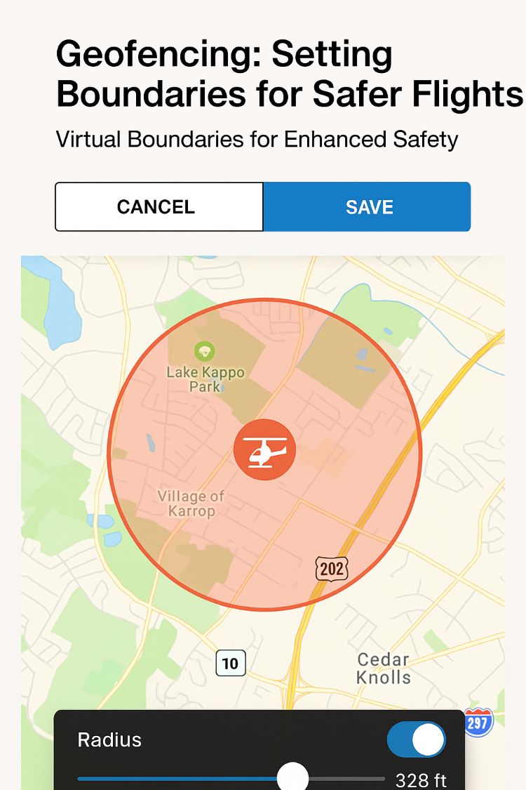 Mobile app interface displaying geofencing settings for a GPS RC helicopter, showing altitude and radius controls