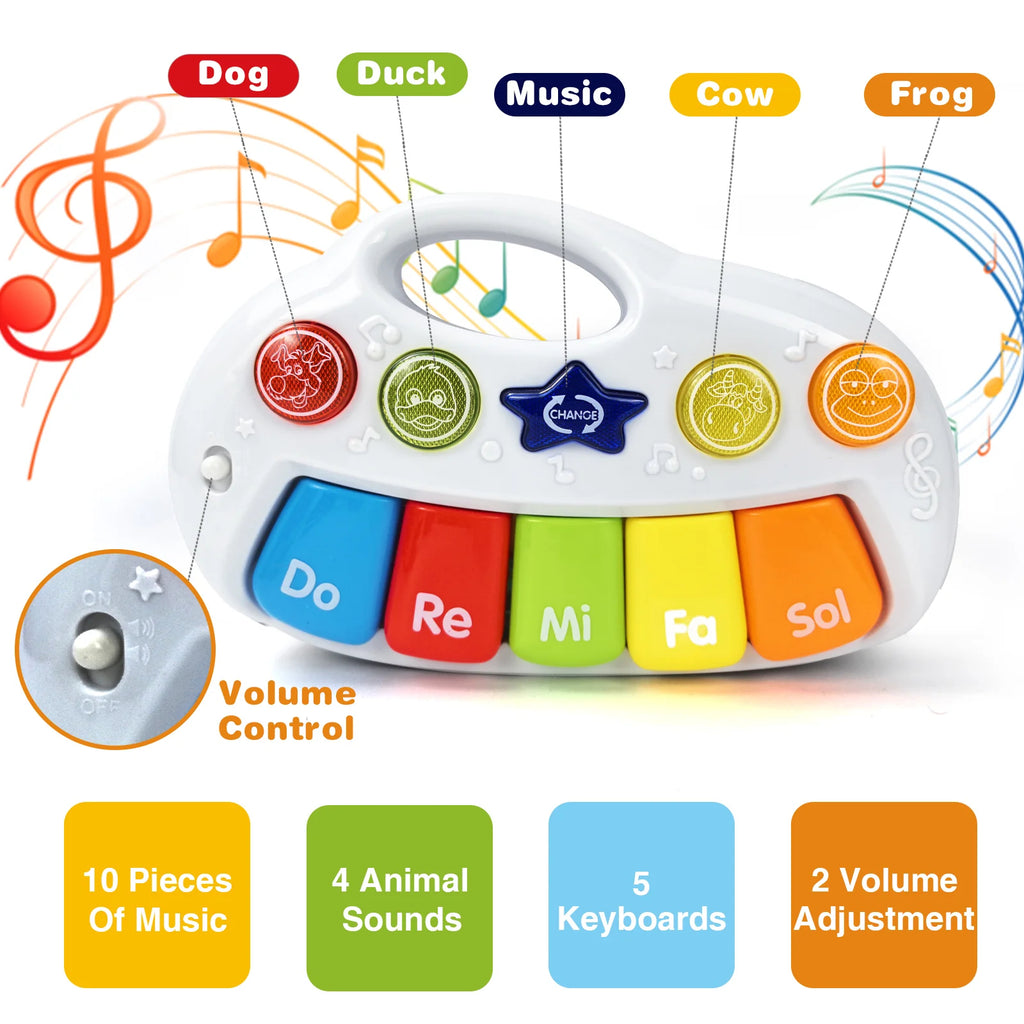 Detailed view of a 5-Key Electronic Keyboard toy highlighting its features including 10 pieces of music, 4 animal sounds, 5 colorful keyboards, and 2 volume control options, perfect for introducing children to music and sound recognition.