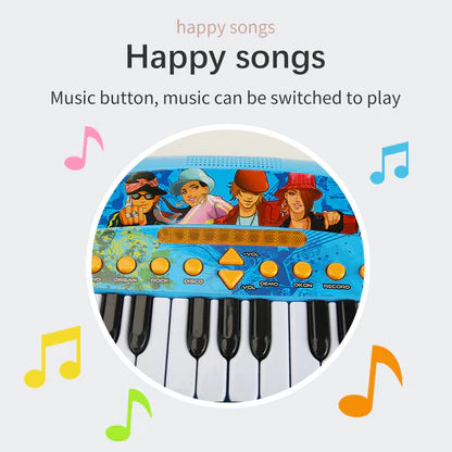 Close-up of a blue electric toy piano keyboard highlighting the music button for happy children's songs.