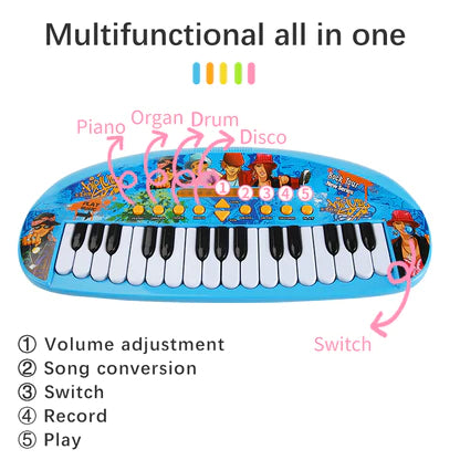 A multifunctional electric toy keyboard in blue, featuring piano, organ, drum, and disco modes with labeled buttons.