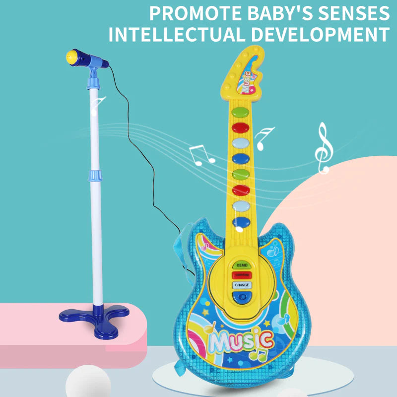 Children's electric guitar in blue and yellow with a microphone stand, designed to promote sensory and intellectual development.
