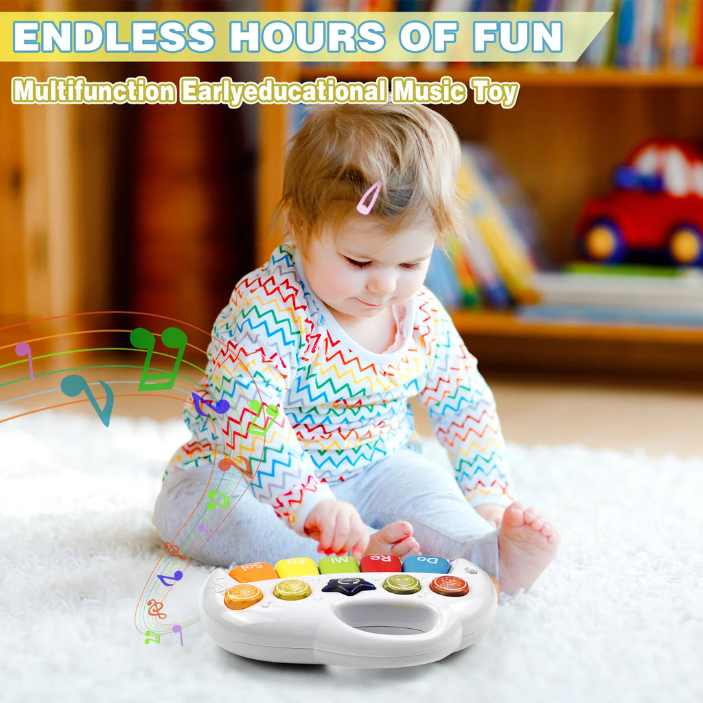A toddler engaged in playing with a 5-Key Electronic Keyboard music toy, demonstrating how it offers endless hours of educational fun, fostering an early love for music and enhancing cognitive development through play.